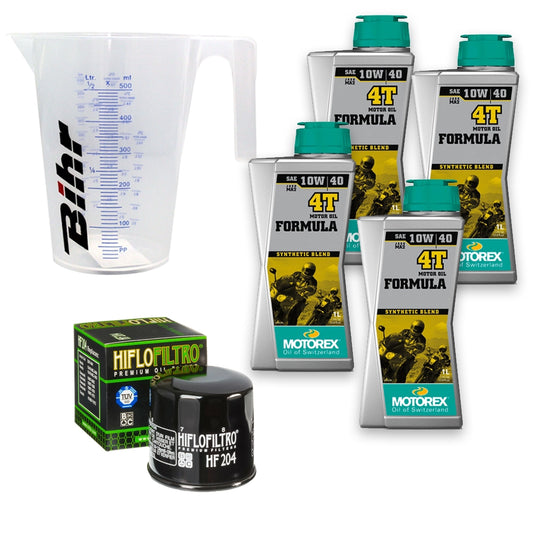 Kit vidange version classic avec 4 bidons d'huile MOTOREX Formula 4T 10W40, un filtre HF 204 et un doseur Bihr gradué