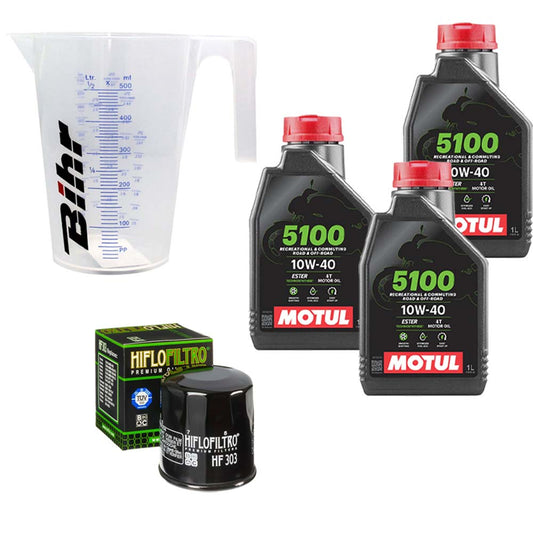 Kit vidange version classic avec 3 bidons d'huile MOTUL 5100 10W40, un filtre HF 303 et un doseur Bihr gradué