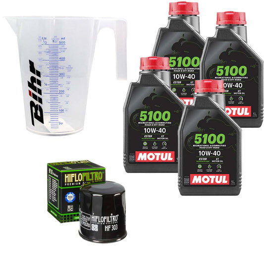 Kit vidange version classic avec 4 bidons d'huile MOTUL 5100 10W40, un filtre HF 303 et un doseur Bihr gradué
