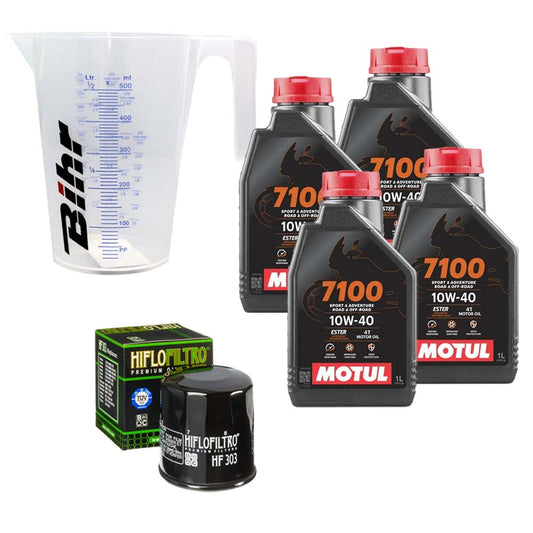 Kit vidange version classic avec 4 bidons d'huile MOTUL 7100 10W40, un filtre HF 303 et un doseur Bihr gradué
