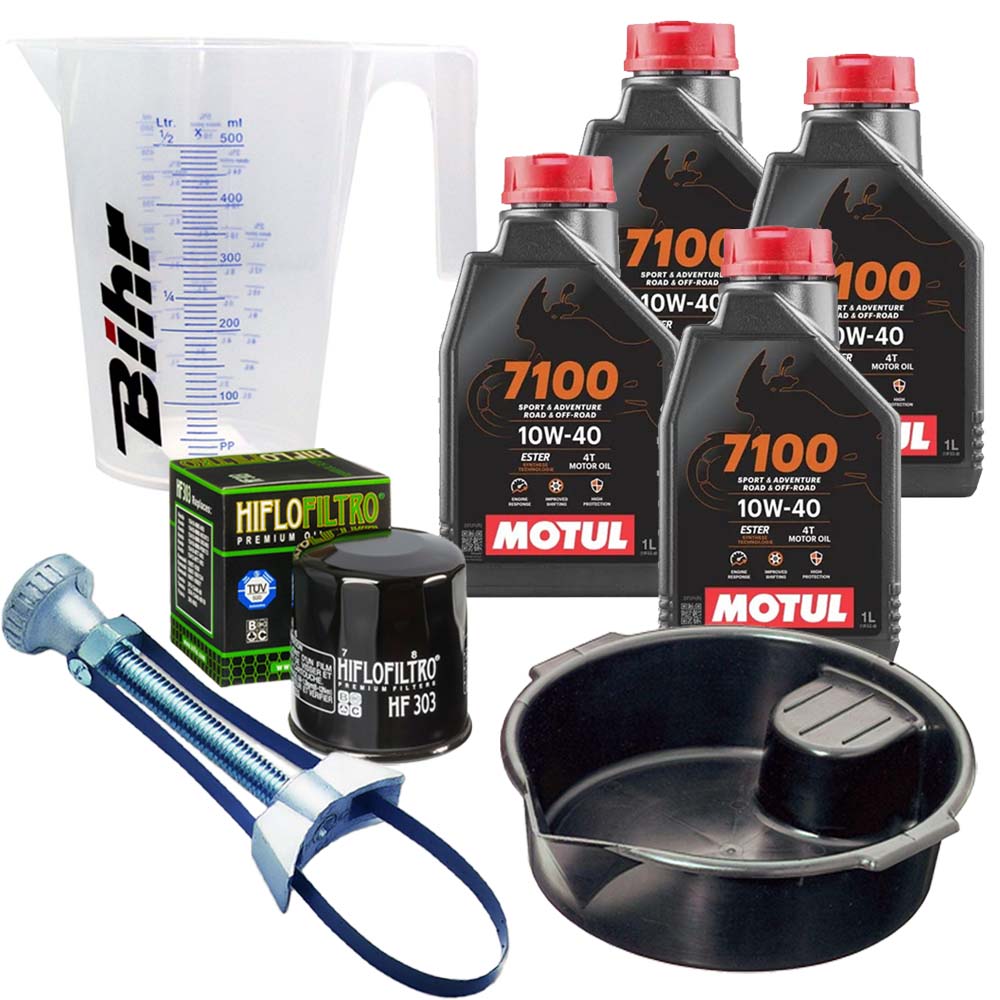 Kit vidange version pro avec 4 bidons d'huile MOTUL 7100 10W40, un filtre HF 303, un doseur Bihr gradué, un bac de récupération et une clé démonte-filtre