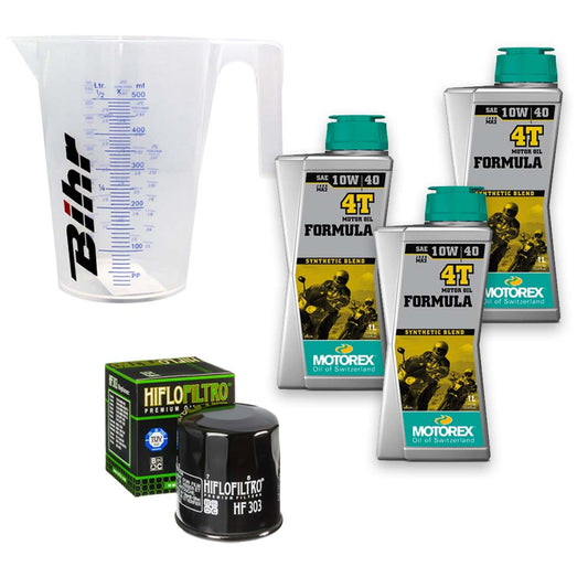 Kit vidange version classic avec 3 bidons d'huile MOTOREX Formula 10W40, un filtre HF 303 et un doseur Bihr gradué