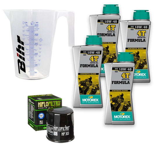 Kit vidange version classic avec 4 bidons d'huile MOTOREX Formula 4T 10W40, un filtre HF 303 et un doseur Bihr gradué